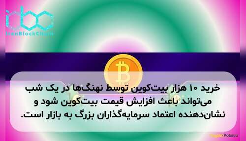 خرید ۱۰ هزار بیت‌کوین توسط نهنگ‌ها در یک شب می‌تواند باعث افزایش قیمت بیت‌کوین شود و نشان‌دهنده اعتماد سرمایه‌گذاران بزرگ به بازار است.