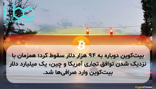 بیت‌کوین دوباره به ۹۴ هزار دلار سقوط کرد؛ همزمان با نزدیک شدن توافق تجاری آمریکا و چین، یک میلیارد دلار بیت‌کوین وارد صرافی‌ها شد.