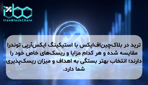 ترید در بلاک‌چین‌اف‌ایکس با استیکینگ ایکس‌آرپی توندرا مقایسه شده و هر کدام مزایا و ریسک‌های خاص خود را دارند؛ انتخاب بهتر بستگی به اهداف و میزان ریسک‌پذیری شما دارد.