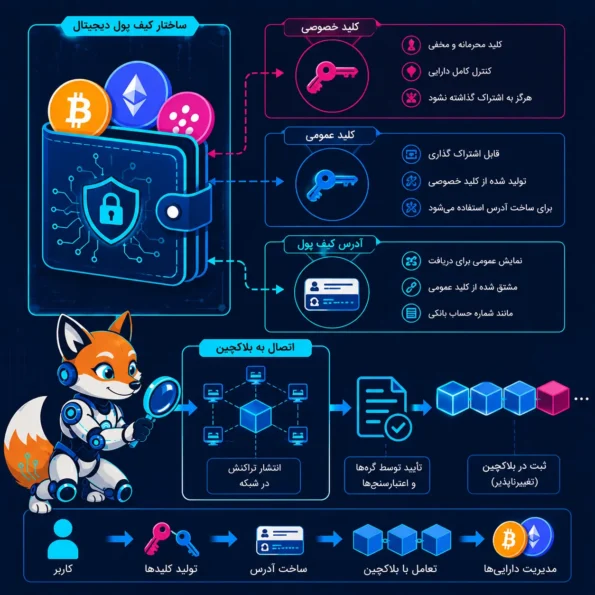  دیاگرام آموزشی ساختار کیف پول دیجیتال شامل کلید خصوصی، کلید عمومی، آدرس کیف پول و اتصال به بلاکچین