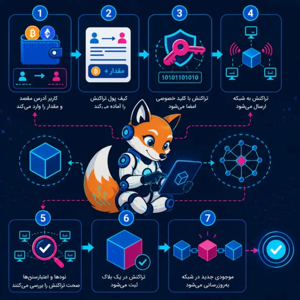  فلوچارت فرآیند ارسال تراکنش از کیف پول دیجیتال تا ثبت در بلاکچین