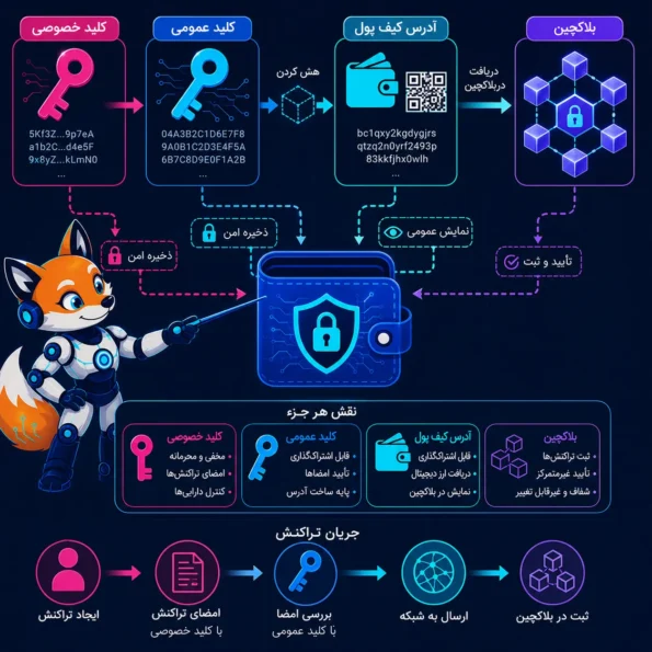 نقشه معماری ارتباط کلید خصوصی، کلید عمومی، آدرس کیف پول و بلاکچین