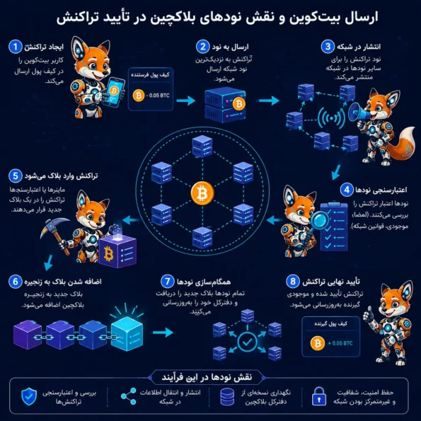 سناریوی تصویری ارسال بیتکوین و نقش نودهای بلاکچین در تأیید تراکنش}