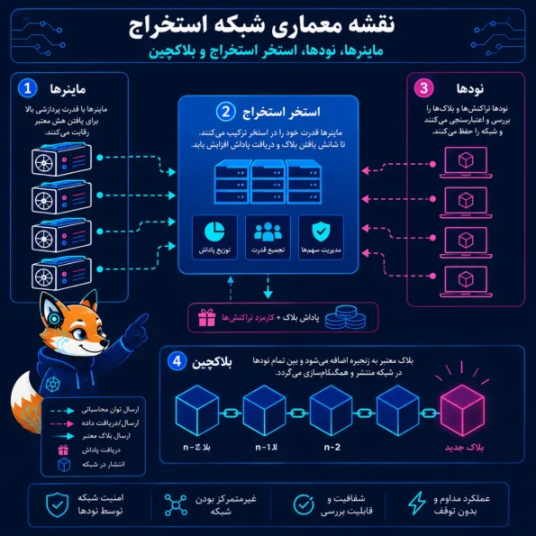 نقشه معماری شبکه استخراج شامل ماینرها، نودها، استخر استخراج و بلاکچین