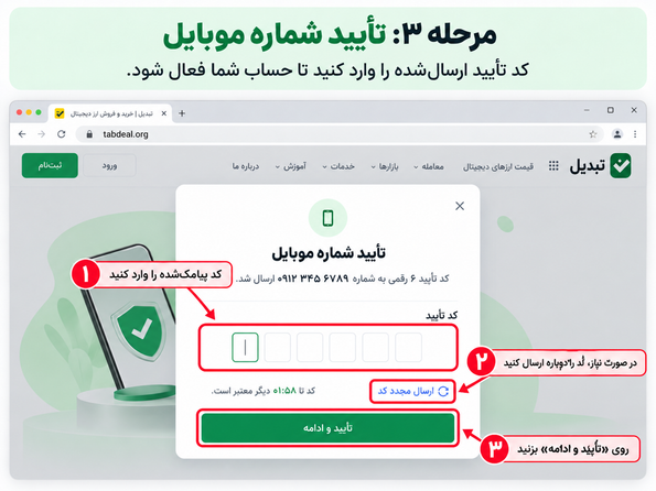 شماره تلفن همراه خود را با کد تأیید دریافتی تأیید کنید.
